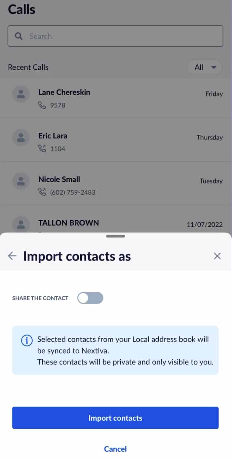 A screenshot of how to import contacts via the Nextiva mobile app.