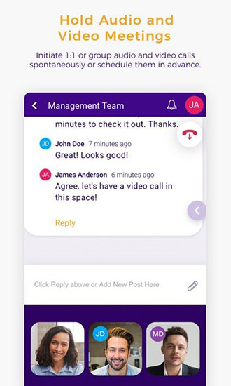 Nextiva's Cospace app showing team management features, including chat and video conferencing