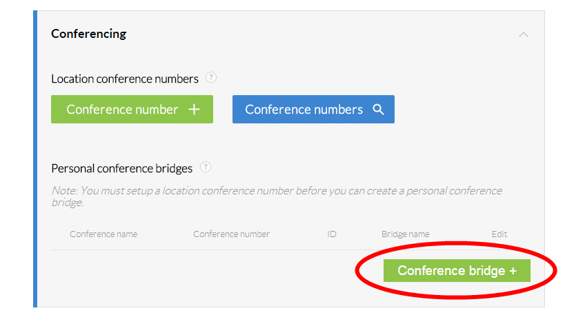 Nextiva user settings interface showing the "Conferencing" option and a red circle on the "Conference bridge +" button.