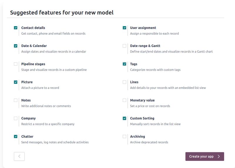 Odoo App Studio creation screen.