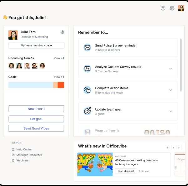 A screenshot of Workleap Officevibe's manager dashboard