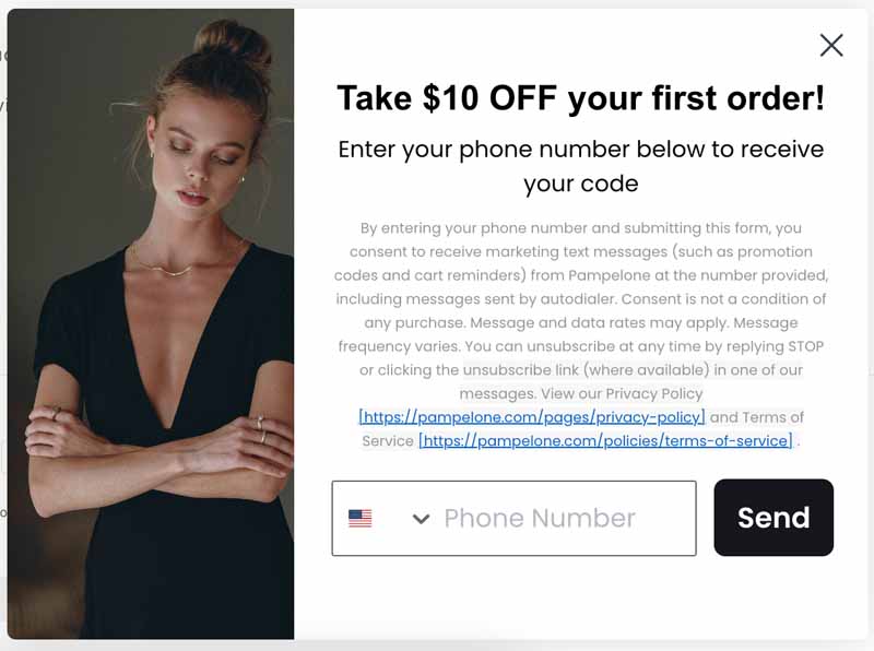 Online boutique Pampelone's $10 first-time discount can be redeemed with a code sent to customers' mobile number
