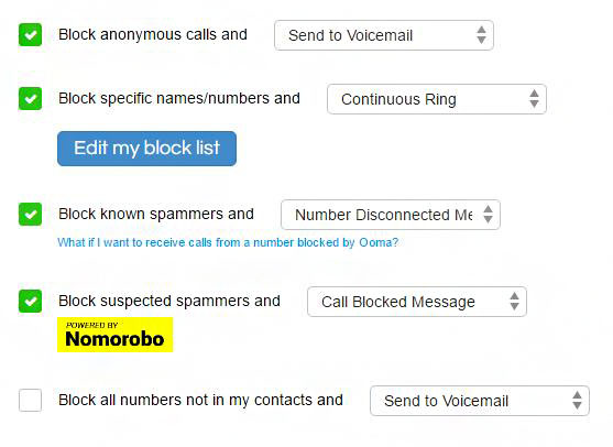 A screenshot of how to configure custom call blocking on Ooma Phone.