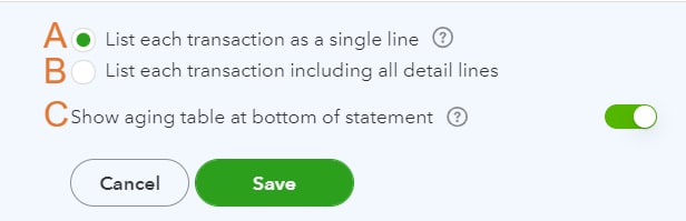 Options for customizing your statement in QuickBooks, such as listing transactions as a single line or including all detail lines