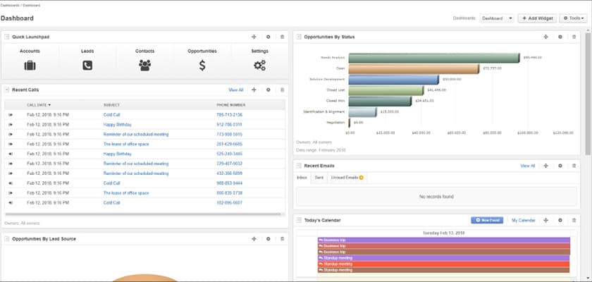 An example of OroCRM's dashboard with widgets for calls, opportunities, emails, and calendar.