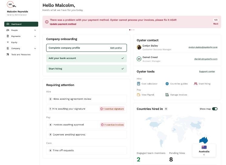 Oyster’s dashboard showing tasks, notifications, quick links to Oyster tools and more.