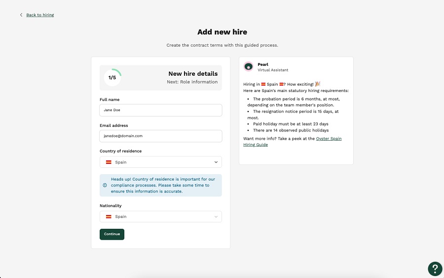 An example of country-specific hiring requirements that Oyster's virtual assistant offer.