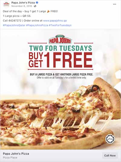 Papa John's Pizza promotional ad (Two for Tuesdays, buy one, get one free) on Facebook.
