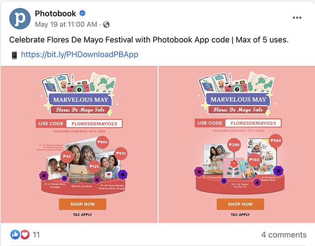 Facebook coupon ad example by Photobook