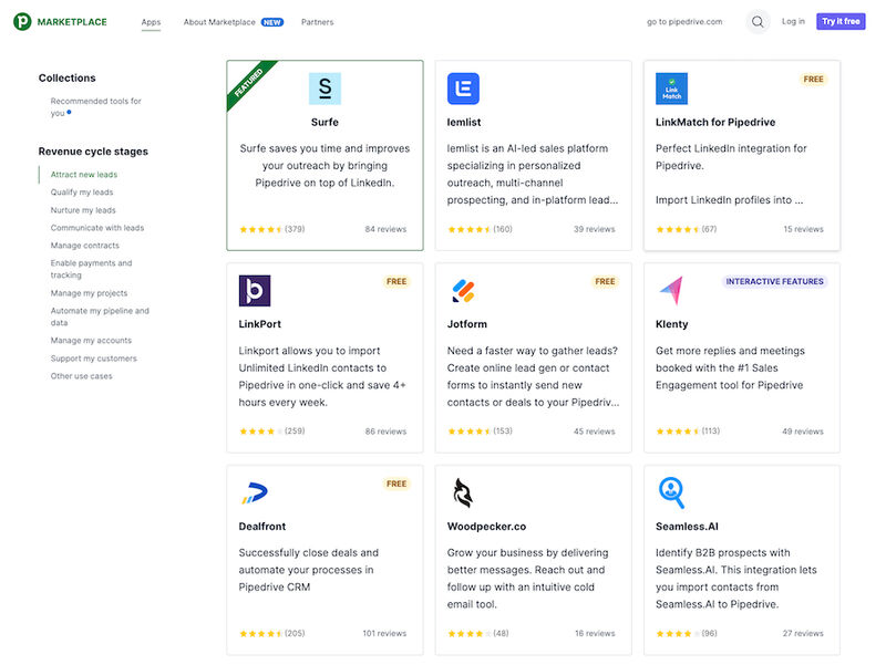 Pipedrive app marketplace with its popular integrations for attracting new leads.