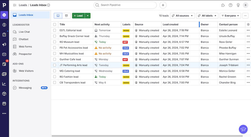 Pipedrive leads inbox with a list view of leads and their title, next activity, label, source, date created, owner, and contact person seen in a free trial account.