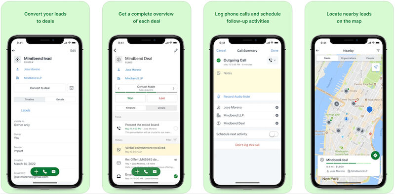 Several iPhone devices displaying Pipedrive mobile app key features, such as reminders, lead management, deal management, and call logging. 