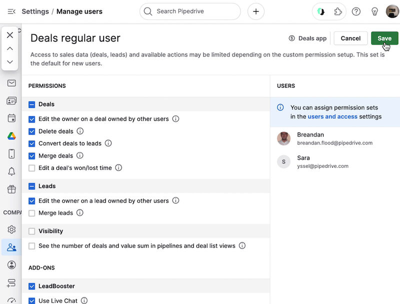 Pipedrive's user permission settings for deals, leads, and add-ons. 