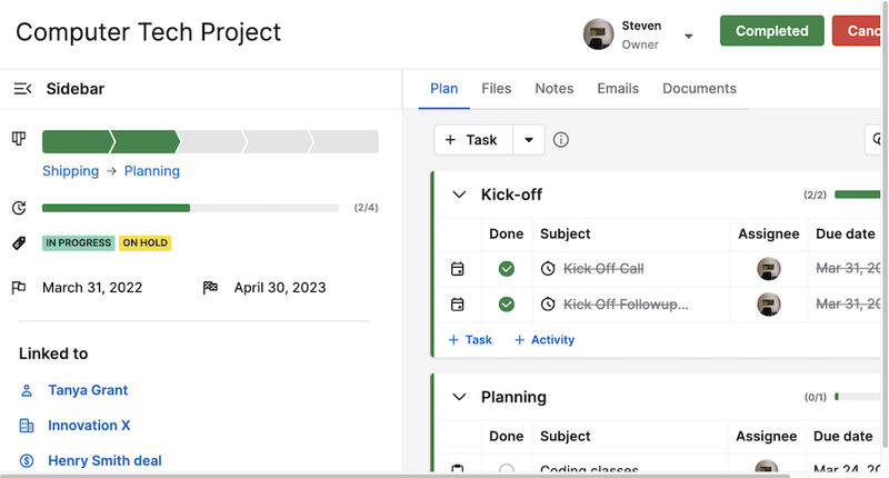 Pipedrive's Projects add-on showing a sample project's progress, labels, start and end dates, linked items, planned activities, and uploaded files. 