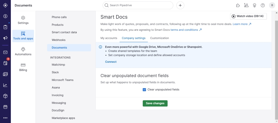 Pipedrive's Smart Docs document management system seen in a free trial account.