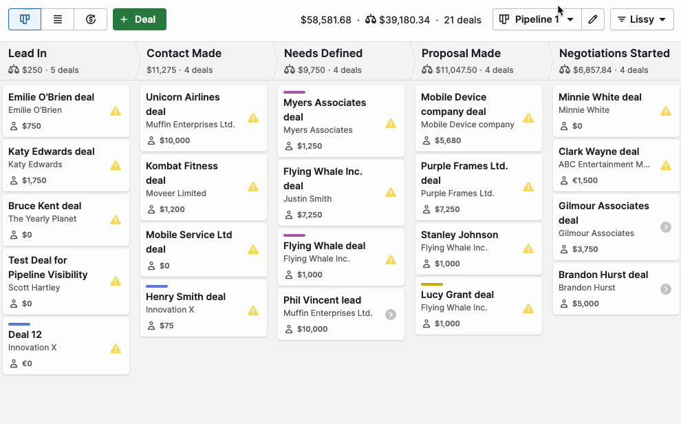 An example showing Pipedrive's deal management feature.