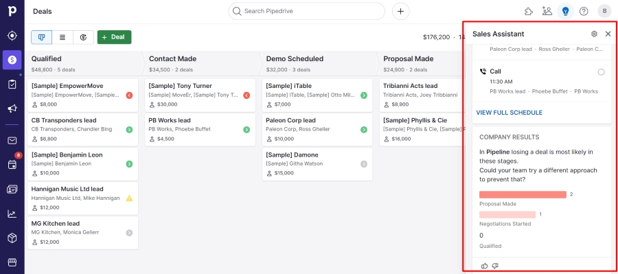 A sample deal pipeline from a free trial account with Pipedrive's Sales Assistant widget showing data-backed suggestions to move stages quickly.