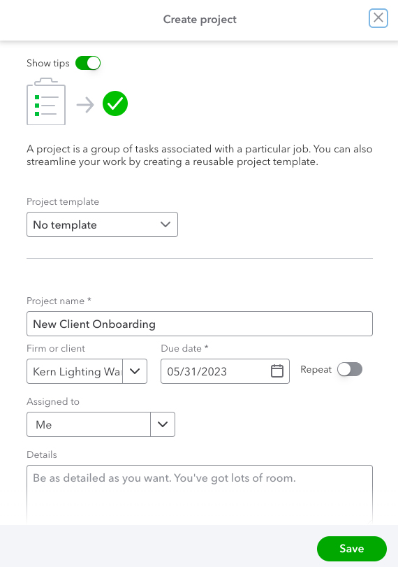 Screen where you can create a new project in QuickBooks Online Accountant.