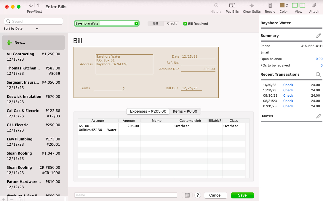 New bill entry screen in QuickBooks for Mac.