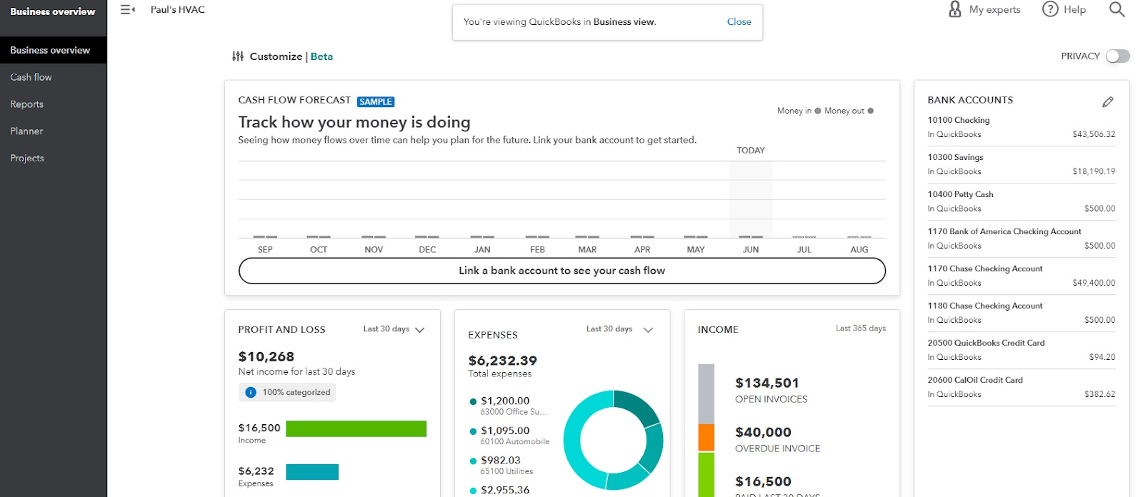 Image of QuickBooks Online dashboard in business view.
