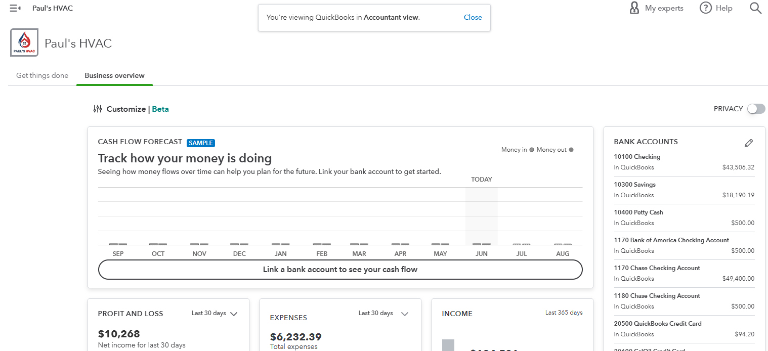 Image of QuickBooks Online dashboard in accountant view.