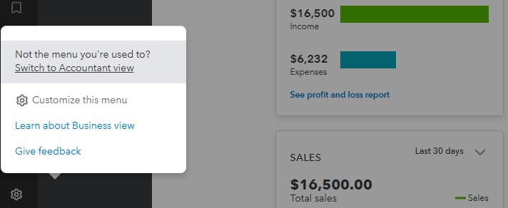 Image of the pop-up window in QuickBooks Online that lets you change from Business view to Accountant view