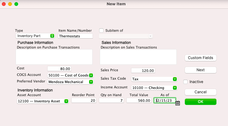 Screen where you can enter a new inventory item in QuickBooks for Mac.