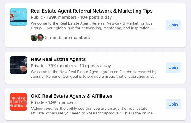 Sample Facebook groups dedicated to real estate agents.