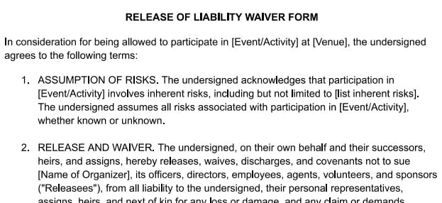 Screenshot of Release of Liability Waiver Form