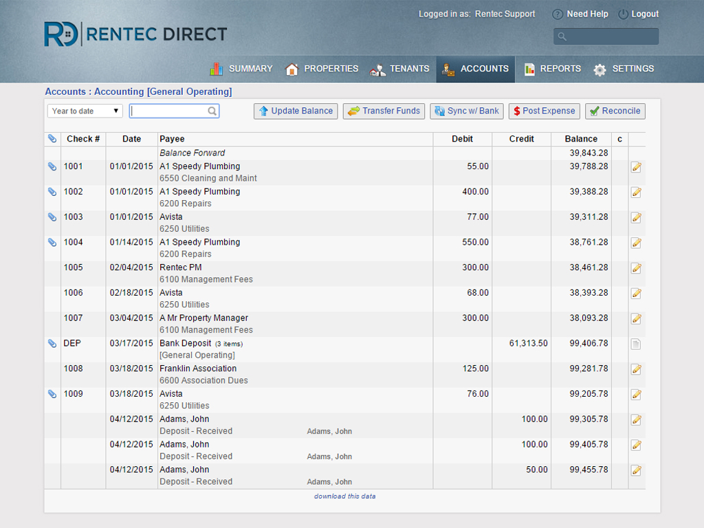 Screenshot of Rentec Direct's online rent collection accounting ledger.
