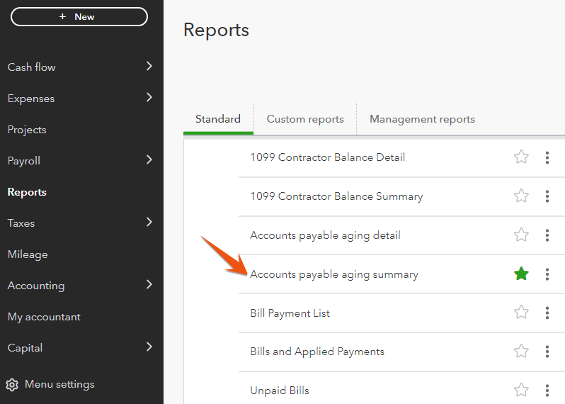 Reports tab highlighting the Accounts payable aging summary report