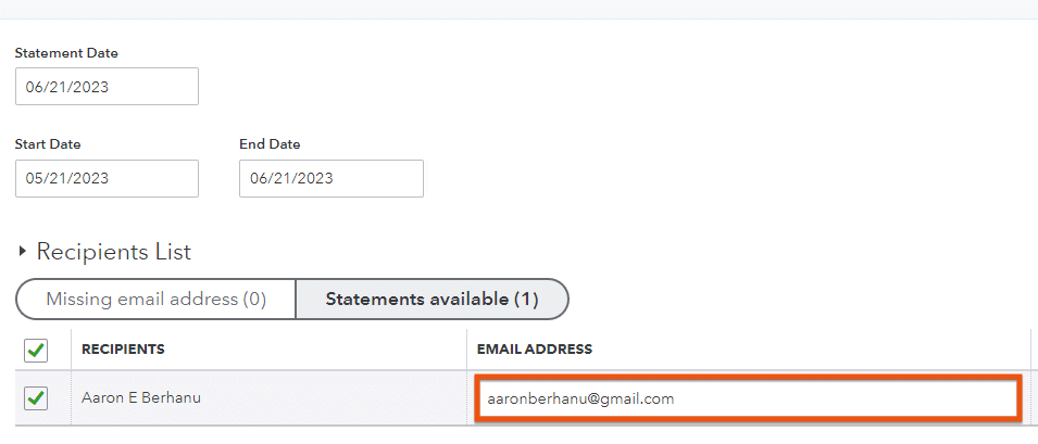 Screen in QuickBooks where you can verify the recipient of your customer statement