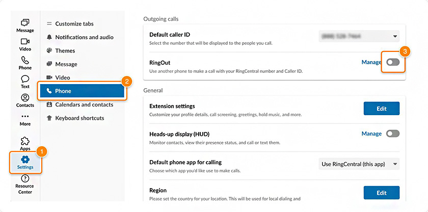 RingCentral MVP interface highlighting Phone Settings features with orange boxes and numbers: 1 on Settings, 2 on Phone, and 3 on the toggle button on RingOut.