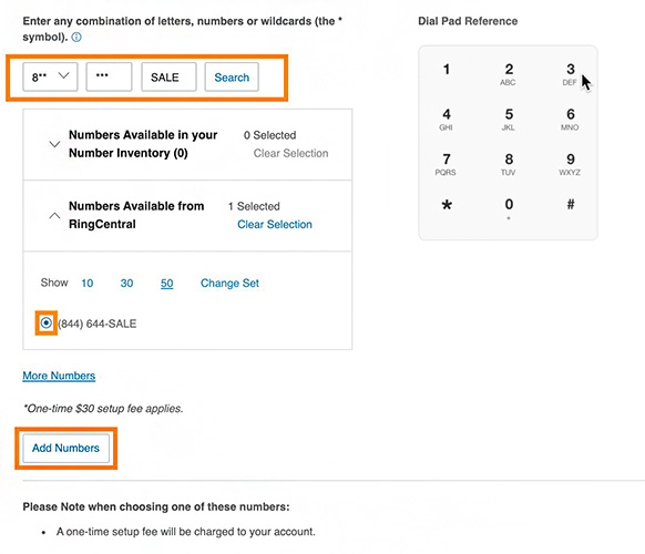 RingCentral MVP interface showing the settings for adding vanity phone numbers, which contain an input field for entering a combination of letters and numbers, and a dial pad reference.