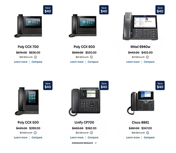 Two rows of internet protocol (IP) phones with labels of brand, model, purchase and rental prices, and discount.