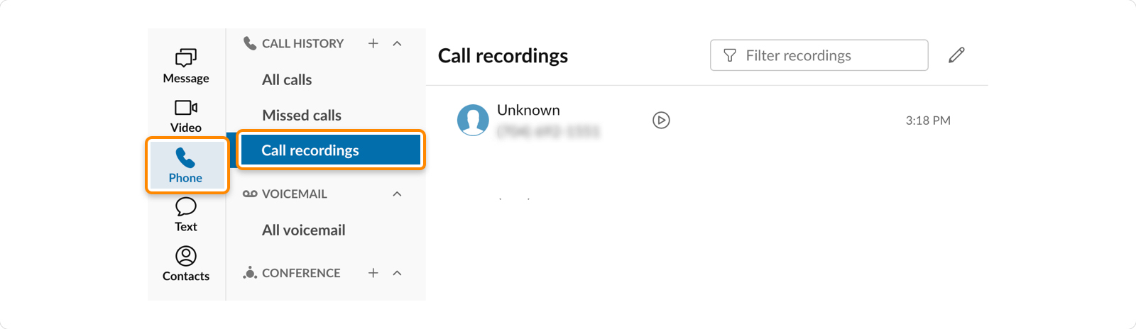 Screen capture of call recordings on the RingCentral desktop app.
