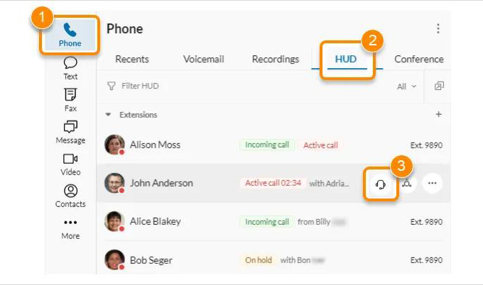 RingCentral interface showing the extensions listed under the Heads-up Display (HUD) Settings with an orange box highlighting "Phone," "HUD," and "Monitor active call" options