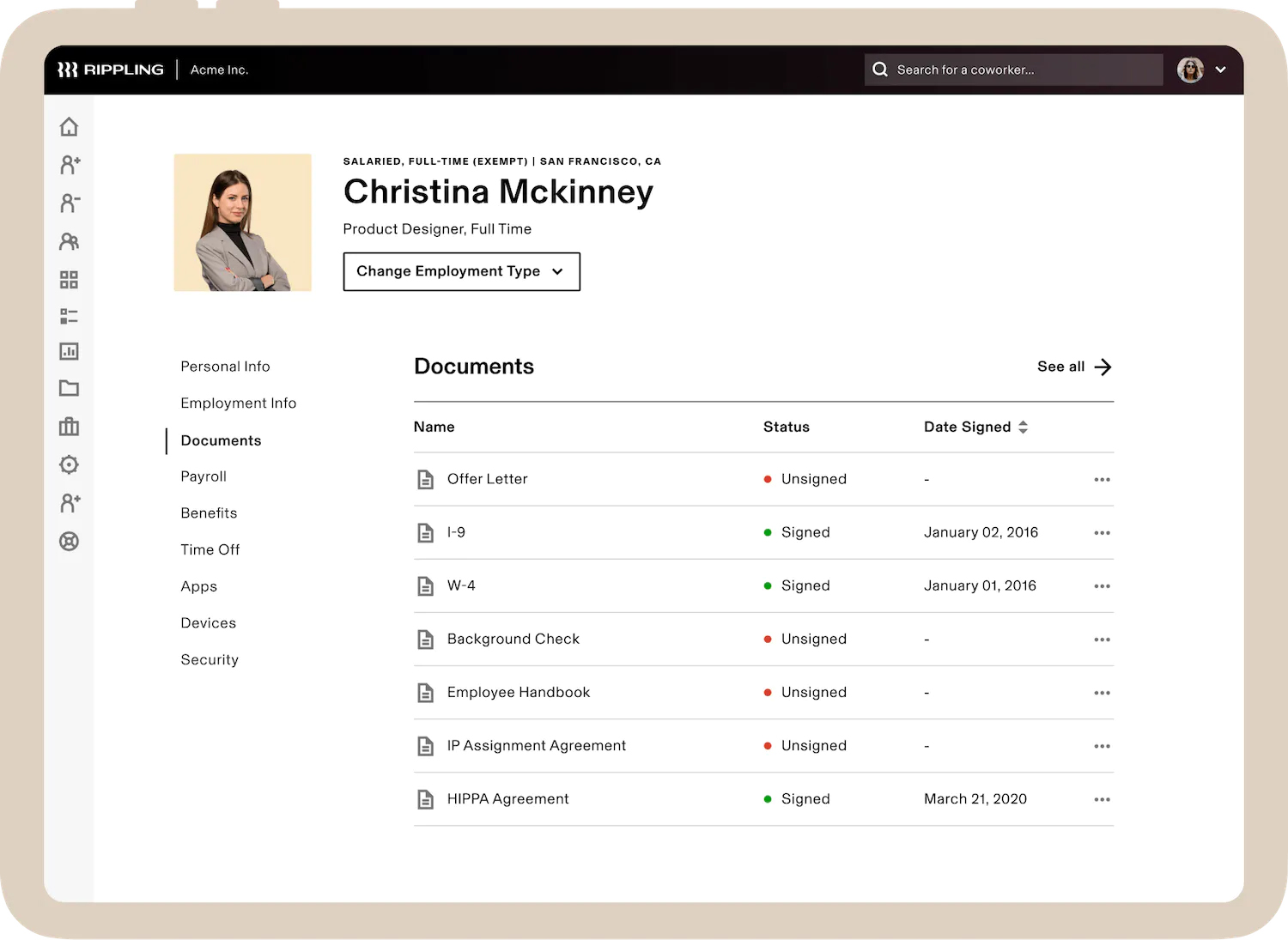 Rippling's onboarding module tracks onboarding progress and new hire documents.