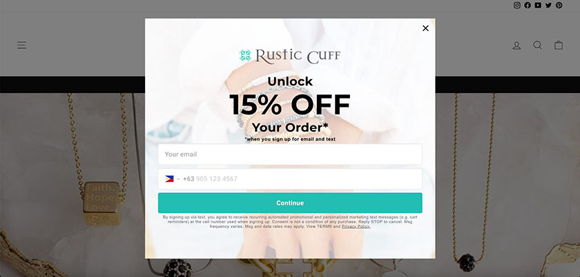 15% off coupons popup on Rustic Cuff website.
