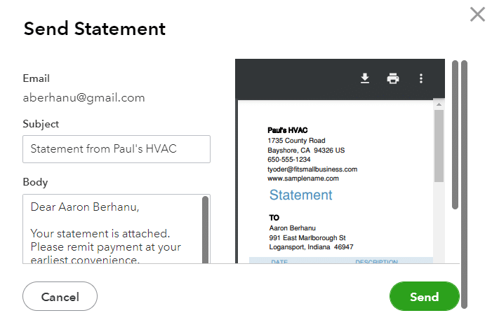 Screen showing a preview of a customer statement in QuickBooks before sending it to a customer