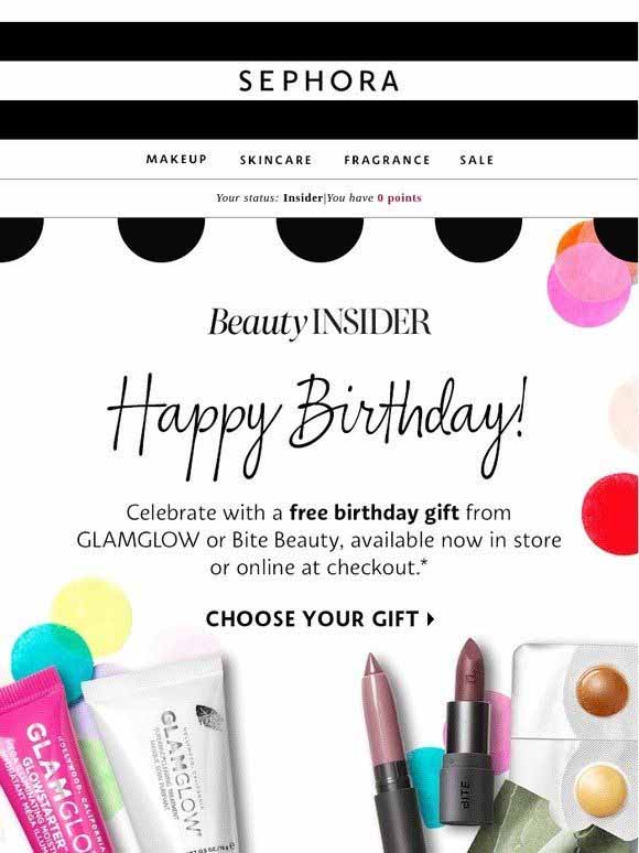 Sephora birthday email with a free gift at checkout