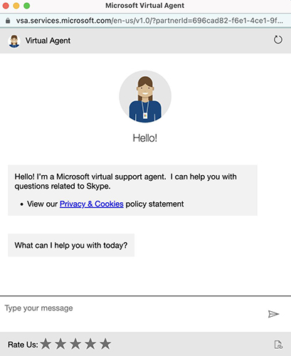 Chat pop up of Skype's virtual assistant for customer support.