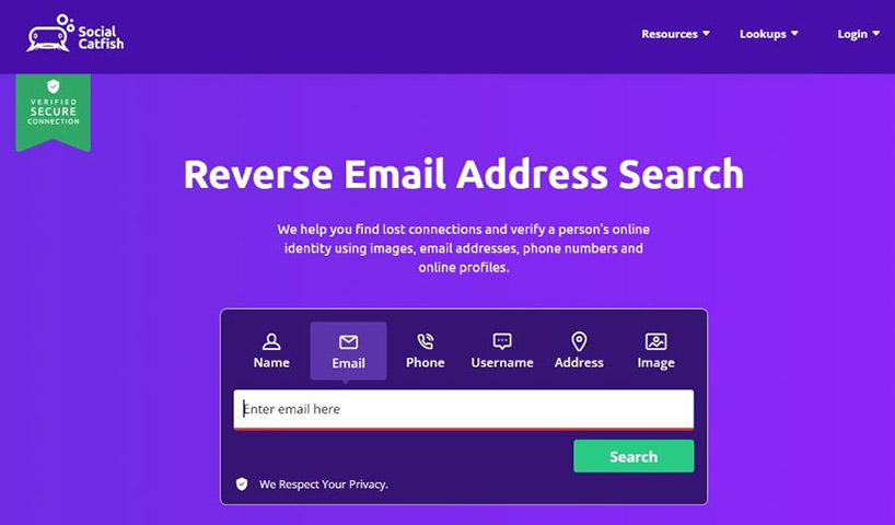 The reverse email address search service of Social Catfish.