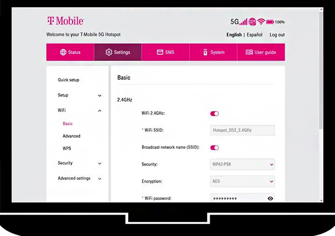 Image of the T-Mobile hotspot settings portal