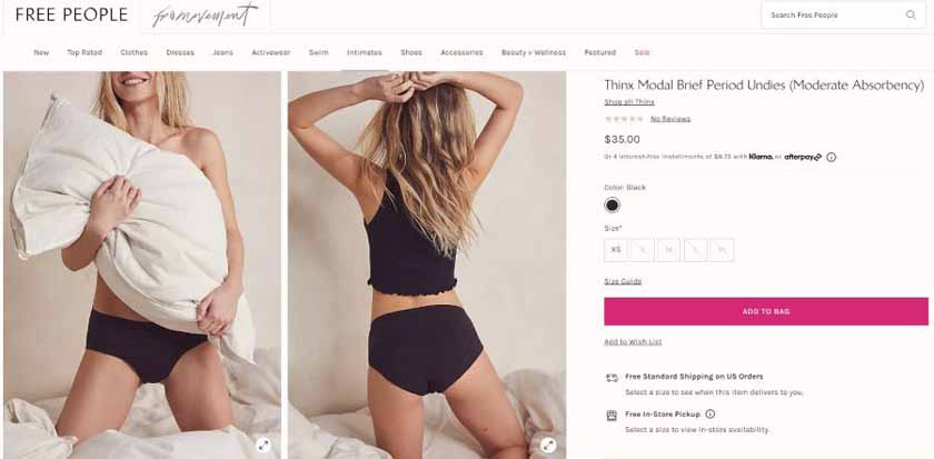 Thinx underwear available on Free People's website.