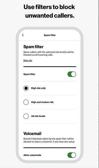 Verizon's spam filter settings on an iPhone