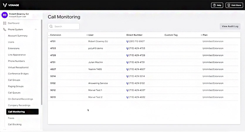 Vonage interface showing the call monitoring dashboard, which lists the extensions with monitoring permissions