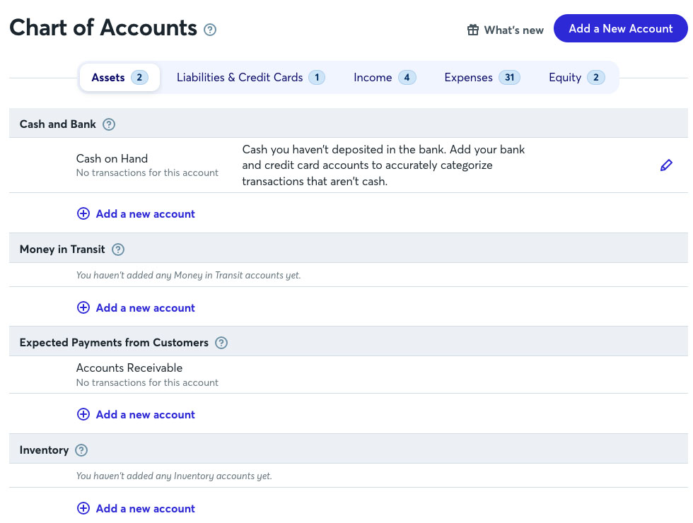Screen where you can add a new account in Wave's chart of accounts.