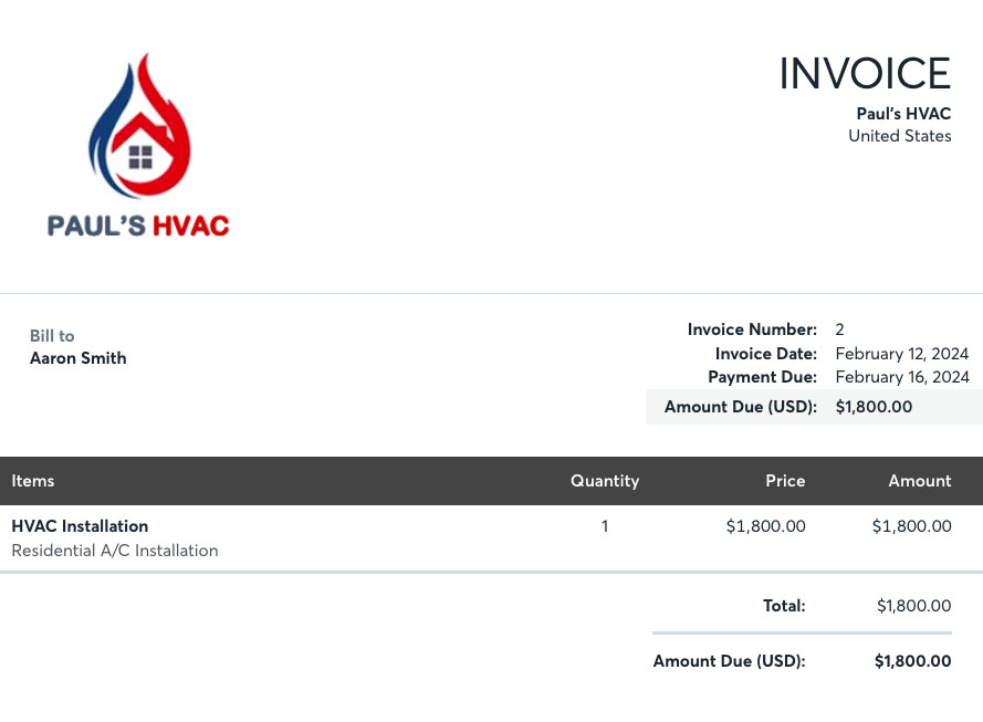 Sample invoice created in Wave showing customized details like a company logo.