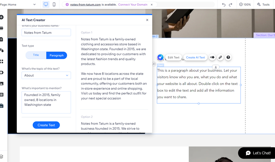 Screenshot showing how to use Wix's built in AI writing assistant.